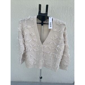 525 America Beige Oversized Textured Fringe V Neck Button Cardigan Sweater S